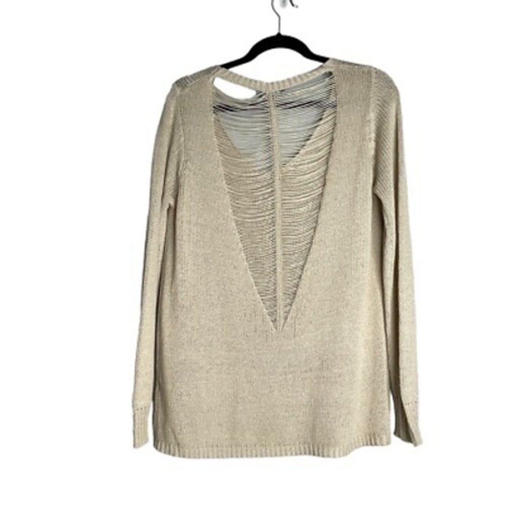 Solemio Cold Knits Beige V‎ Neck Long Sleeve Open Back Sweater S/M